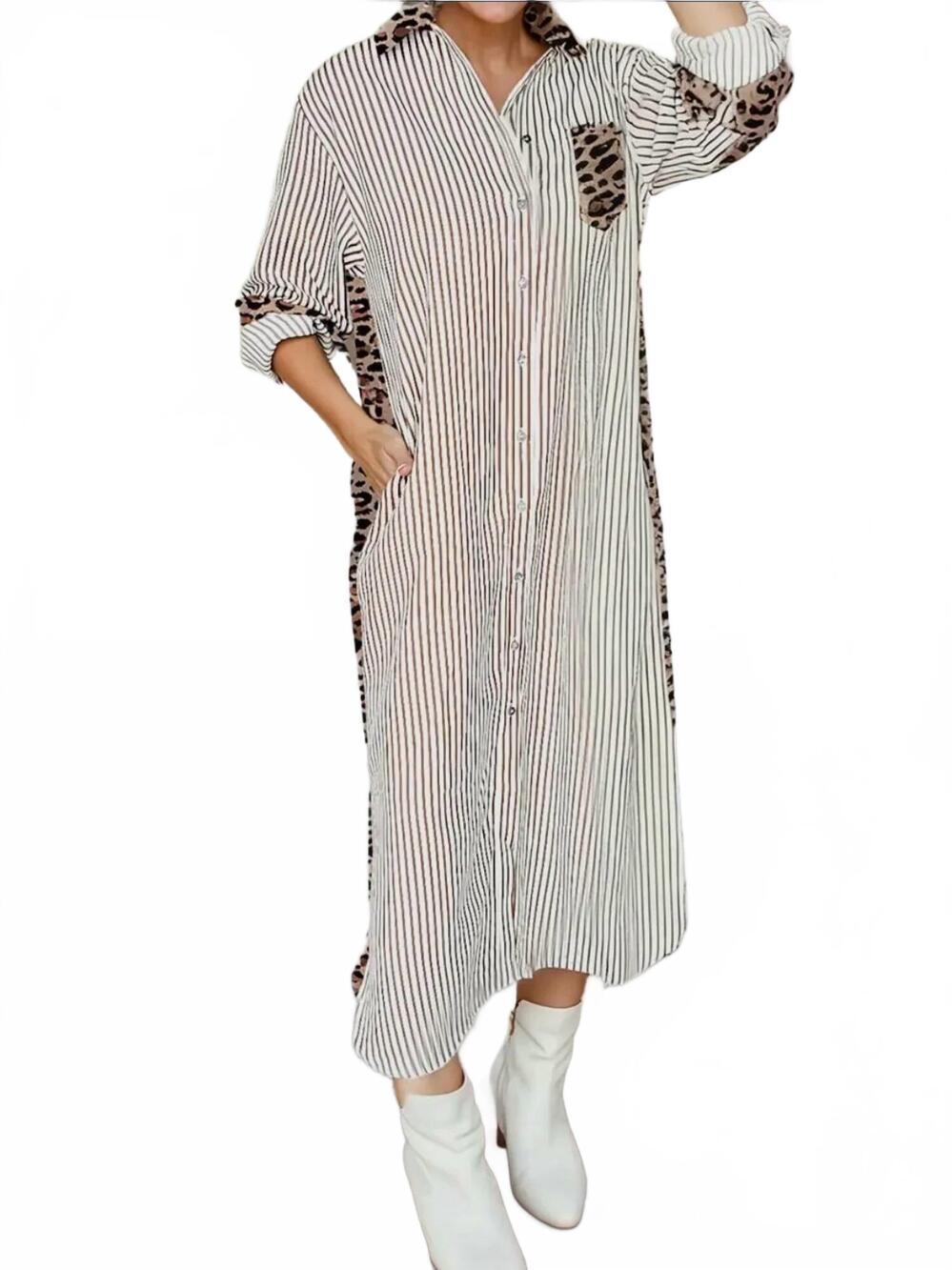 NEW 1 THE WOMAN leopard contrast shirt midi dress in brown